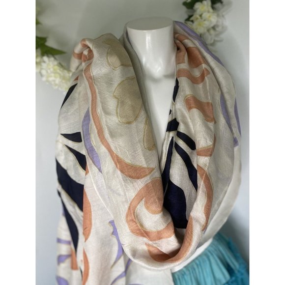 Cashmere Wrappings 100% Silk Wrap Scarf Shawl 80”x27” Cream Black Orange Purple - Picture 3 of 16